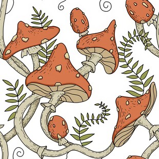 手绘蘑菇与枝叶图案