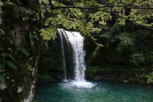 山间飞瀑下的碧绿潭水