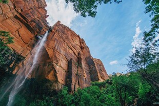 山间飞瀑下的葱郁景致
