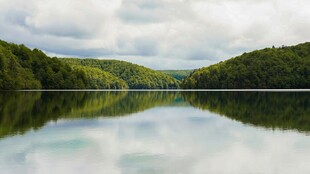 宁静湖面与葱郁山林倒影