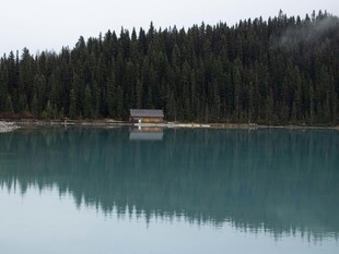 宁静湖畔小屋与葱郁山林
