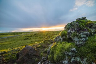 日出下的绿野岩石景观