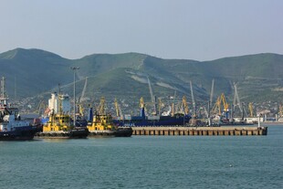 海港码头船只与远山景观