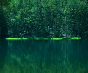 静谧山林中的幽蓝湖水