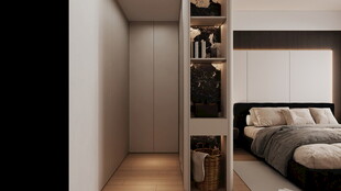 简约卧室旁的嵌入式收纳柜