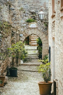 古朴小巷中的绿植与石阶