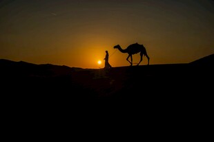 夕阳下人与骆驼的沙漠剪影