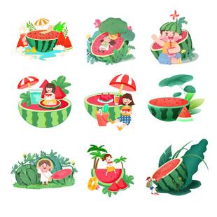 夏日西瓜主题卡通插画元素