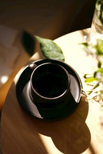 阳光下的精致黑色茶杯