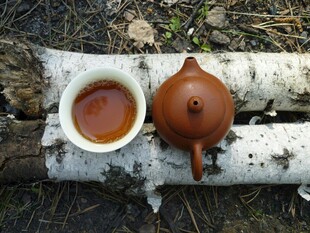 户外木上的茶壶与茶杯