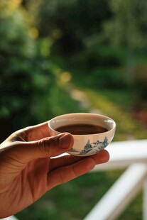 手持精致茶杯赏景