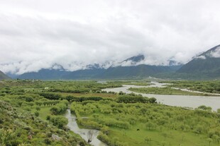 山间绿野河流风景图