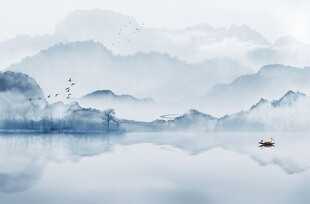 新中式 水墨蓝色山水画 