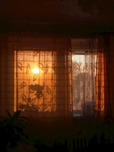 透过窗纱的温暖夕阳光
