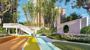 多彩景观步道与绿植建筑