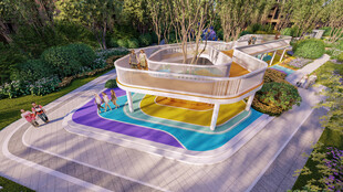 户外彩色充气泳池与躺椅