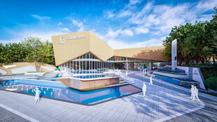 现代泳池旁的别致建筑