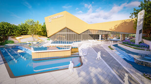 现代风格泳池旁的特色建筑