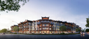 中式古建筑群临水而立