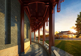 中式长廊夕阳下的美景