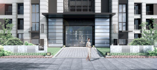 现代建筑前的行人景观