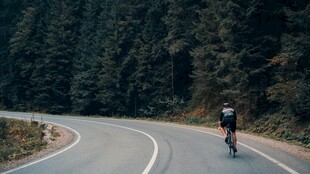 公路骑行者穿行山林间