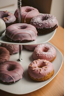 三层架上的美味巧克力甜甜圈