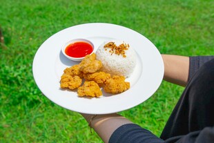 草地上的美味炸鸡套餐