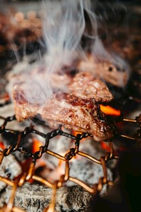 炭火上滋滋冒热气的烤肉