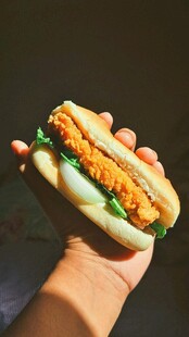 手持美味鸡肉夹心汉堡