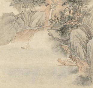 水墨山水间的孤舟之景