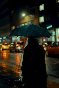 雨夜撑伞独行的孤独身影