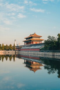 故宫角楼映于平静湖面