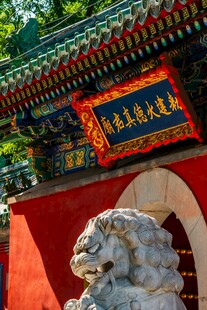 中式古建筑前的石狮子