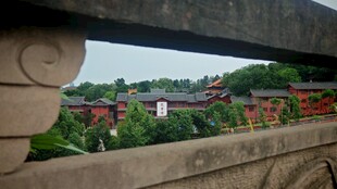 透过栏杆看远处风景