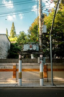 城市街道旁的电线杆与绿植