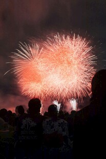 夜空中绚烂的烟花与人影