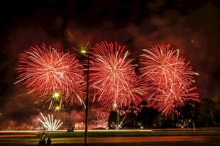 夜空中绚烂的红色烟花
