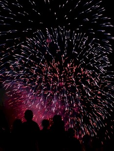 夜空中绚烂的烟花与人影