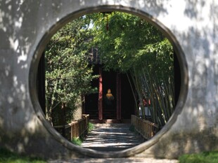 中式圆门后的清幽竹林