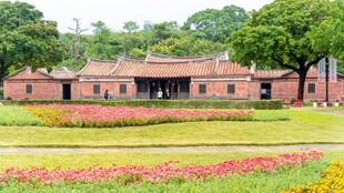 红砖建筑旁的多彩花卉景观