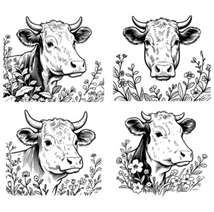 四幅牛的黑白插画图案