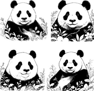 四张熊猫黑白插画