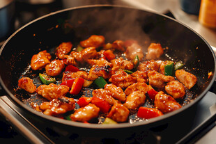 锅中美味鸡肉蔬菜炒制