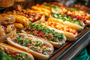 多样美味热狗整齐陈列