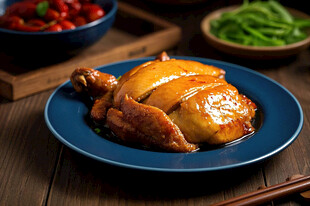 美味卤鸡摆放在蓝色盘中