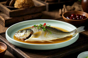 清蒸鲜鱼摆于古朴盘中