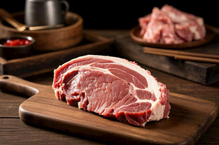 新鲜生猪肉牛排置于案板