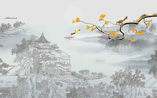 水墨梅花古建筑风景图