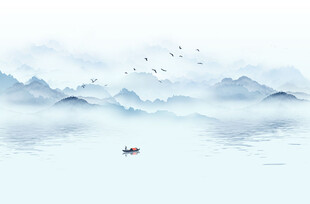 新中式 蓝色山水画 背景墙